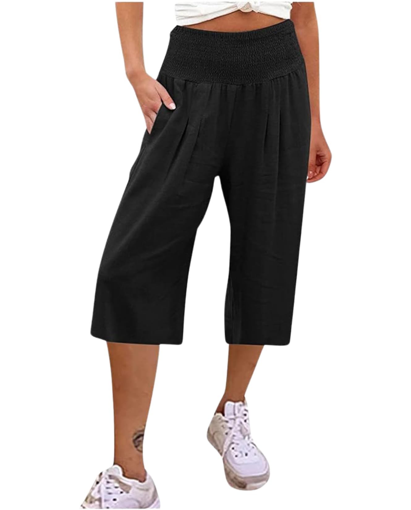 LIZALIG Cotton Linen Casual Pants Plus Size Cropped Wide Leg - High Elastic Waist - Lightweight Breathable Beachwear