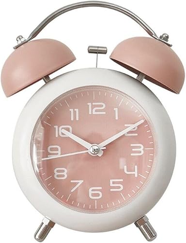 Retro Twin Bell Alarm Clock, Silent Quartz Movement, Manual Backlight, Metal and Plastic Construction, Battery Powered (Pink)