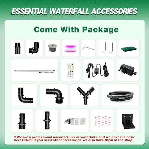 Longrun 60cm Teich Wasserfall Klingen Set, 304 Edelstahl Gebogener Wasserfall mit 7 Farben LED und Fernbedienung, Breite 25.5cm