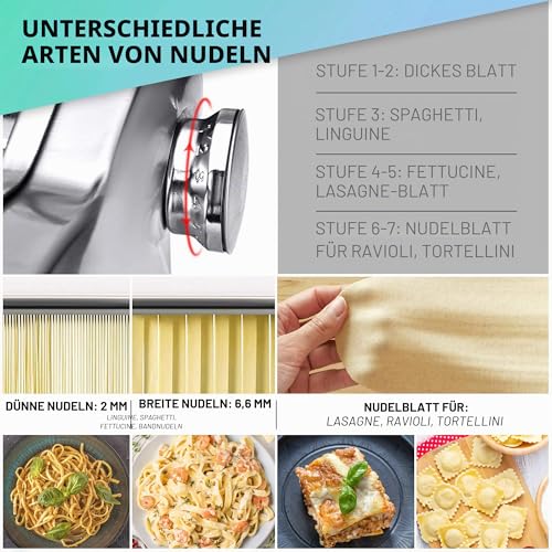 Foto von Manuelle Nudelmaschine mit Trockner - Multi-Pasta Edelstahl Rostfrei Italienische Flachteigmaschine 7 stufig einstellbar, scharfem Messer Klemme - Frische hausgemachte Nudeln, Spaghetti, Lasagne