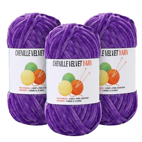 Image of 3 * 100g Velvet Chenille Chunky Yarn for Crocheting, Handcrafts Weaving Soft Chenille Yarn for Crocheting Clearance, Used for Making Baby Yarns Blanket, Clothes, Knitting Creations (Lavender Color)