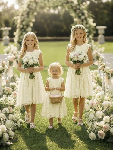 ALLOVIN Girls & Toddlers Sleeveless A-Line Lace Party Dress Birthday Wedding & Flower Girl Dress with Beaded Bowknot | Ivory | 8-9Y — view 3