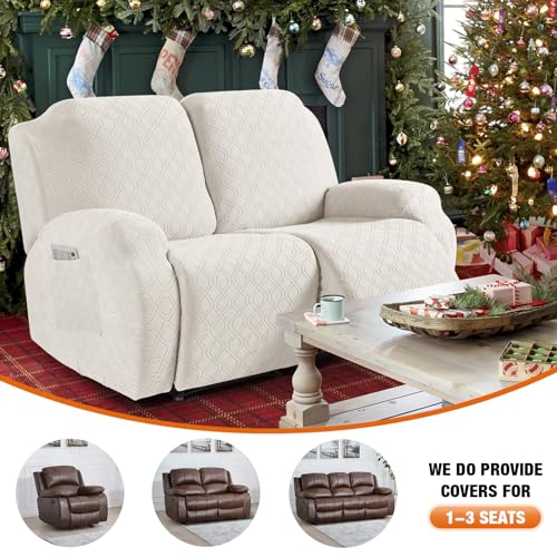 Image of VANSOFY Recliner Cover, 2-Pieces Stretch Reclining Couch Cover with Pockets Loveseat Sofa Slipcovers Soft Washable Furniture Protector for Dogs Cats(Off White)