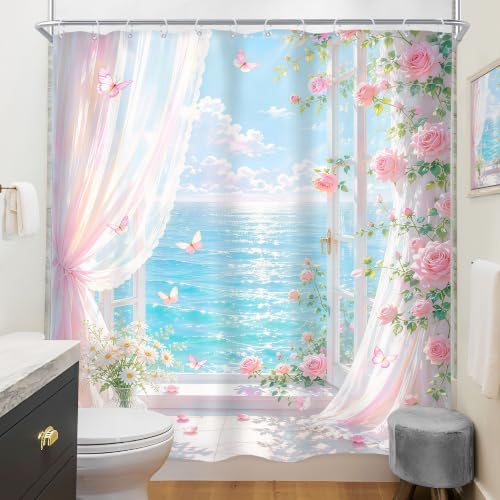 Image of Riyidecor Pink Ocean Floral Shower Curtain 72Wx72H Inch Coastal Beach Scenery Summer Roses Botanical Butterfly Beachside View Aesthetic Girls Bathroom Decor Fabric Polyester Waterproof 12 Pack Hooks