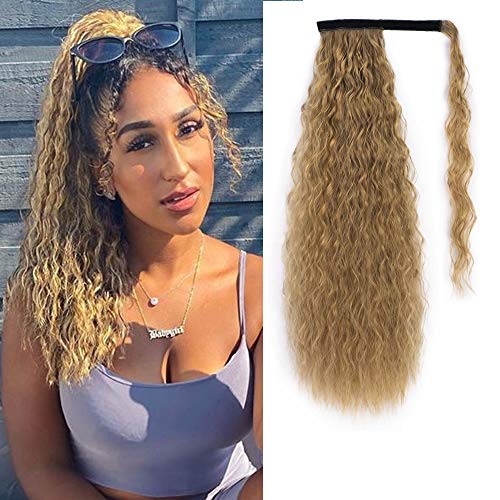 Stamped Glorious Long Corn Wave Ponytail Extension Magic Paste Heat Resistant Wavy Synthetic Wrap Around Ponytail Black Hairpiece for Women (22inch, 11)