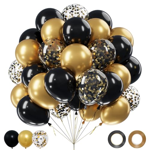 Ballons Anniversaire Noir et Or - 62 Pcs 12 Pouces Ballon Helium avce Ballons Noir Or et Golden Confettis,Guirlande Ballon Gonflable pour Nouvel An EID, Decoration Anniversaire Baby Shower Mariage