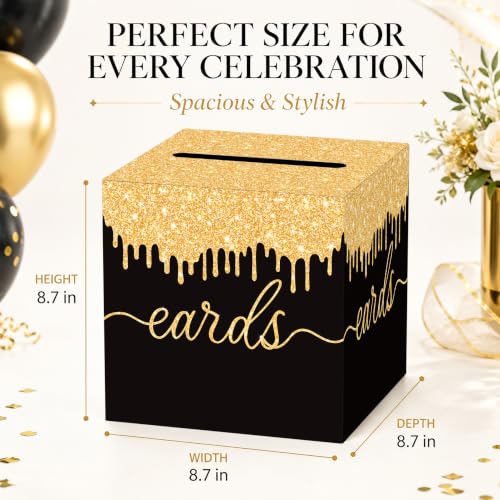 Image of Black and Gold Wedding Card Box with Slot for Reception and Bridal Shower