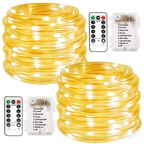 Battery Rope String Lights, 2 Pack 100 LED Waterproof Rope String Lights Outdoor