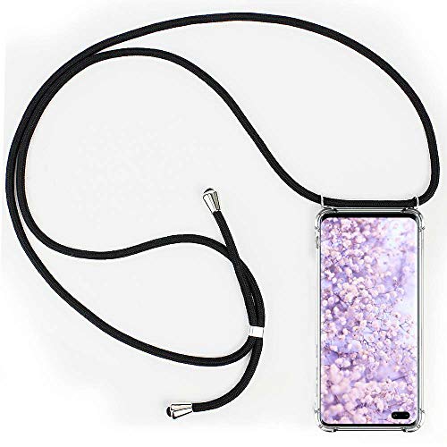 CLM-Tech Chaîne de Téléphone Portable Compatible avec Samsung Galaxy S10 Plus - Coque avec Sangle - Silicone Housse Transparent avec Collier Tour de Cou, Noir