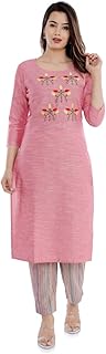 Sanganeri Kurti Womens Cotton Embroidred Kurta With Printed Pant Set (Pink)