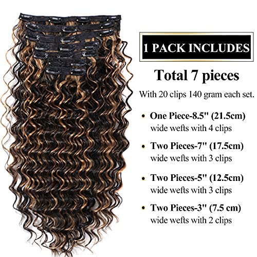 Deep Wave Clip In Hair Extension Human Hair Feeling Double Weft Hairpiece Synthetic For Women Thick Ombre Hair Extension Clips Natural Looking 24 Inch(P1B/27) #TOP6