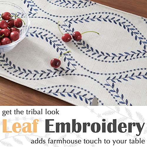 Jinchan Embroidered Leaf Table Runner Farmhouse Linen Table Runner 72 Inches Long Ogee Geometry Table Decor Coffee Table Runner For Dresser Dining Room Decoration 1 Panel 13X72 Inch Blue On Beige #TOP2