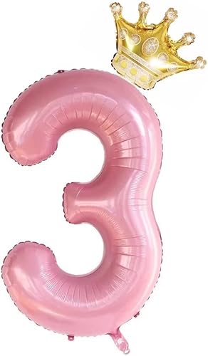 Juego de globos de 40 pulgadas, corona rosa con el número 3, globos de tercer cumpleaños para niñas, suministros de decoración de fiesta de tercer