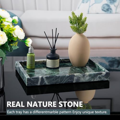 Image of Real Natural Marble Tray for Bathroom, Vanity, Kitchen and Desktop, Rectangle Genuine Marble Stone Tray for Jewelry, Cosmetics, Candles, Lotion, Perfume (Snowflake-Green, 12 inch x 8 inch x 1.2 inch)