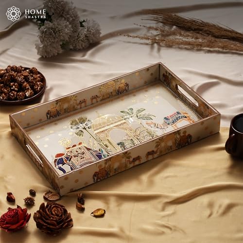 Image of Wooden Serving Tray with Gold Engraving | Set of 1 | Size : 16 x 10 inch | Enamel Coated Waterproof | Rectangular | Decorative Trays | Royal Camel Large
