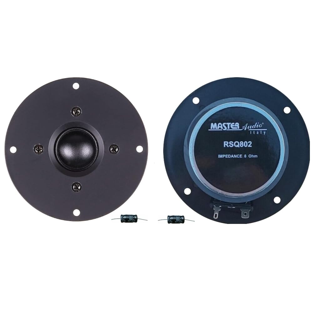 KIT SET PER MASTER AUDIO RSQ802, 2 dome tweeter a cupola, 100 watt rms 200 watt max, da 10 cm 4", impedenza 8 ohm, bobina da 25 mm, ultra slim, per casa, neri, a coppia + condensatori omaggio