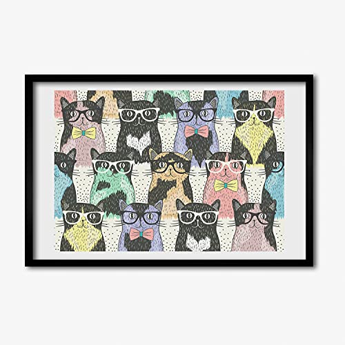 Affiche décorative 60x40 cm Tulup chat à lunettes et cadre en bois pour mur moderne