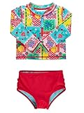 RuffleButts Baby/Toddler Girls Long Sleeve Rash Guard 2 Piece Swimsuit Set w/UPF 50+ Sun Protection with Zipper - Picnic Party, 4T