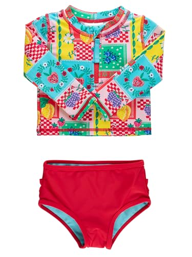 RuffleButts Baby/Toddler Girls Long Sleeve Rash Guard 2 Piece Swimsuit Set w/UPF 50+ Sun Protection with Zipper - Picnic Party, 4T