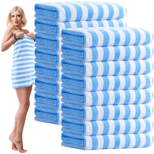 SmoothNovelty 16 Pack Microfiber Bath Towels Bulk 27 x 60 Oversized Size Bath Towel Highly Absorbent Extra Large Soft Drying for Beach Shower Summer Salon Sport Gym Party (Stripes Light Blue)