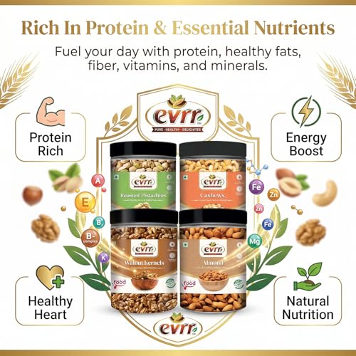 Image of EVRR Dry Fruits Combo 1kg (4 x 250g) | California Almonds, Cashews, Roasted Pistachios, Walnut Kernels | Premium Protein-Rich Mixed Nuts | Crunchy Fresh Healthy Snacks for Fitness, Weight Loss, Gifting, Festive Hampers, Kids, Adults | Non-GMO Vegan (1 kg)
