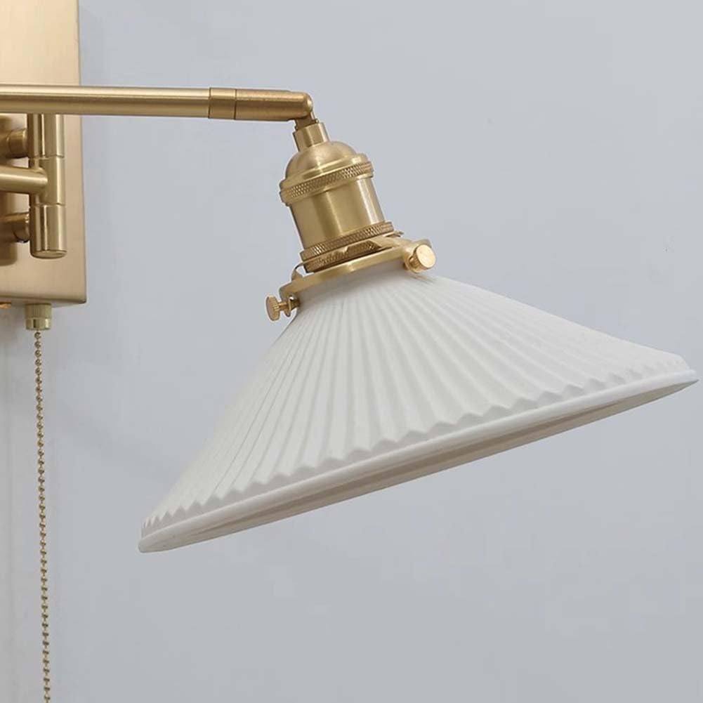 Vintage Industrie Wandleuchte mit Schalter Innen Wandlampe Keramik Lampenschirm Leselampe Gold Faltbar Wandbeleuchtung mit Schwenkbarem Arm Nachttischlampe E27 Fassung für Wohnzimmer Schlafzimmer
