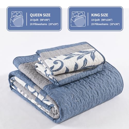 KALOOLA Farmhouse Botanical Quilts Queen Size - 100% Cotton Quilted Bedding Set 3 Pieces, Vine Striped Pattern Bedspread Coverlet with 2 Pillow Shams, Lightweight Comforter for All Season, Blue/Grey — view 6