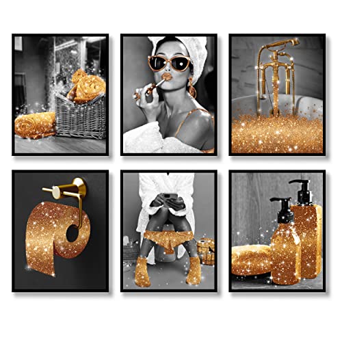 Fashion Wall Art Bathroom Wall Decor Prints Set Of 6 Black And White Gold Glam Glitter Canvas Posters Pictures Photos Bathroom Artwork Wall Modern Women Funny Bathroom (B&W Gold, 8"X10" Unframed) #TOP4
