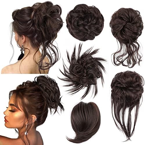 FnyPretty 5 PCS Messy Bun Hair Piece Hair Bun Hair pieces for women Tousled Updo Messy Curly Hair Pieces Hair Extensions Ponytail Elastic Easy Scrunchies Hairpiece(6A# Dark Brown)