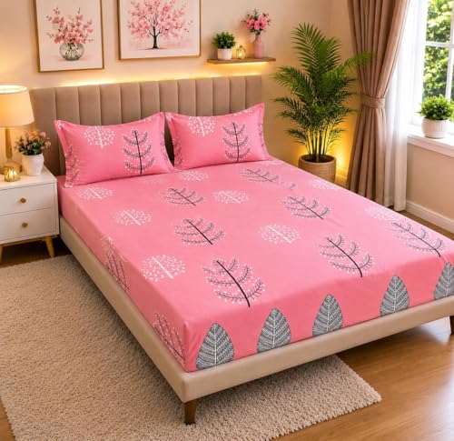 Image of la' amour Premium Cotton Elastic Fitted Bedsheets with 2 King Size Pillow Covers Double Bed with All Around Elastic Supersoft Size - 78X72+10 inches Black Light Pink Abstract 200 tc - 220 tc