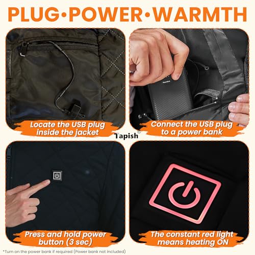 Image of Tapish USB Powered Heated Jacket for Men & Women| ISO :9001 Certified | 5 Heating Pads, 3 Heat Levels (25C-45C) | Infrared Quilted Winter Jacket, Lightweight, 1-Year Warranty (Size M-XL)