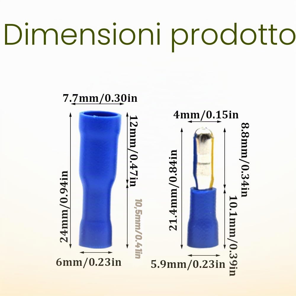 100 Pezzi Connettori Elettrici Terminali a Crimpare Connettori per cavi elettrici a Testa a Proiettile – Per Cavi Da 1,5 – 2,5 mm² (Blu/YPZL)