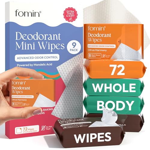 FOMIN Acidified Travel Deodorant Mini Wipes For Women & Men- Variety Pack - 72 Count - pH Balanced Biodegradeable Mini Deodorant Travel Size Wipes - Plastic-Free Underarm Body Wipes
