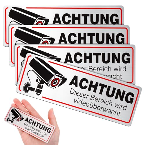 Jostift 4 Stück Videoüberwachung Schild 12x4 Cm Schild Videoüberwachung Aufkleber Videoüberwachung Achtung Privatgrundstück Schild Kameraüberwachung Warnschild für Innen- und Außenbereich