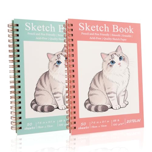 DSTELIN 2 Pack Hardcover Sketchbooks (100 GSM Sketch Paper) 7.5x5.1 Inch Spiral Sketch Book for Sketching Drawing Painting 50 Sheets per Pack Pink and Green