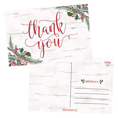 25 4x6 Woodland Christmas Holiday Thank You Postcards Bulk, Blank Cute Modern Fancy Winter Note Card Stationery For Wedding, Bridesmaids, Bridal or Baby Shower, Teachers, Religious, Business Cards