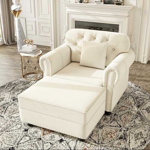Image of KEIKI 41 inch Velvet Chesterfield Sofa with Rolled Arms & Nailhead Trim & 1 Ottoman, Modern 1-Seater Button Tufted Couch with High Resilience Cushion & 1 Pillow, Easy Assembly, for Living Room, White