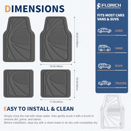 Image of FLORICH Car Floor Mats, Waterproof Universal Heavy-Duty 4 Pieces Rubber Floor Mats for Cars, Full Set Car Mats with Anti-Slip Backing Fit for Most SUV, Vans,Trucks, Sedan(Grey)