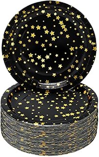 CEILIWEN Paper Plates, Black and Gold Party Plates, 9inch Disposable Paper Plates, Picnic Plates, Party Tableware Dinnerware Plates Party Supplies, Pack of 50