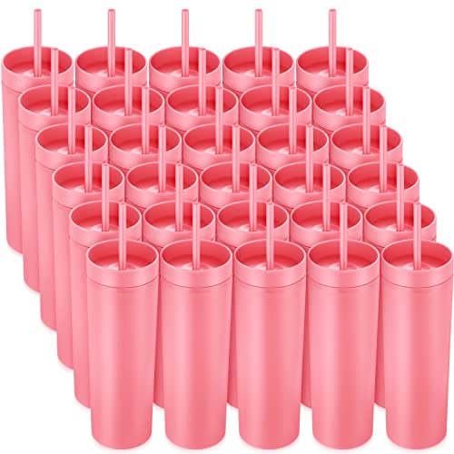 Meekoo 30 Pack Skinny Tumbler With Lids And Straws 16 Oz Matte Colored Acrylic Tumblers Double Wall Plastic Tumbler Cups Skinny Travel Tumbler Reusable Cup For Party Birthday Home (Watermelon Red) #TOP27