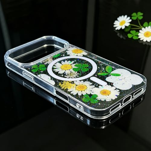[Real Dried Flower]Magnetic Phone Cases for iPhone 17 Pro Case Clear Glitter Dried Pressed Flower Cute Design Soft Bling Sparkle Floral Case for iPhone 17 Pro for Women Girls(Daisy & Lucky Clover) by CEOKOK - Used condition - Image 7