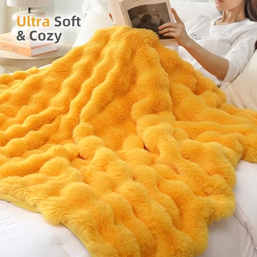 Smoofy Faux Fur Throw Blanket for Couch – Mustard Yellow Fluffy Cozy Rabbit Fleece, Plush Soft Bubble Blanket for Sofa & Bed, for Mom, Warm Fuzzy Home Room Decor Throw 50" x 60"
