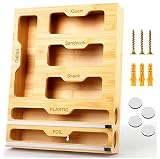 Bamboo Ziplock Bag Storage Organizer - 6 in 1 Wrap Dispenser with Cutter, Suitable for Gallon, Quart