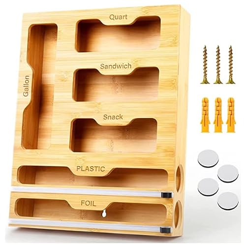 Bamboo Ziplock Bag Storage Organizer - 6 In 1 Wrap Dispenser With Cutter, Suitable For Gallon, Quart, Sandwich ; Snack Bag, Aluminum Foil Plastic Wrap Butcher Paper Etc; Works With 12" Kitchen Rolls #TOP15