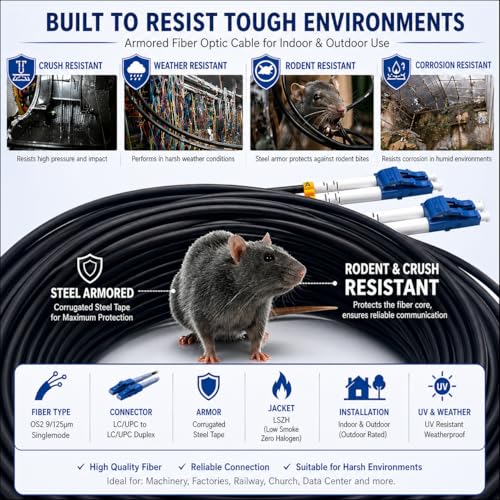 Elfcam® - 25m/82ft Outdoor and Indoor Shielded Armored Fiber Optic Cable LC/UPC to LC/UPC OS2 Singlemode Duplex 9/125μm LSZH, Black 25 Meters by Elfcam - Image 5