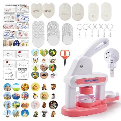 Installation-Free Kids Button Maker Machine, 35mm/55mm DIY DIY Pin Badge Maker Custom Badge Press Kit with with 72pcs Button Parts and 3 Stickers for Children Craft & Personalized Gifts, Pink