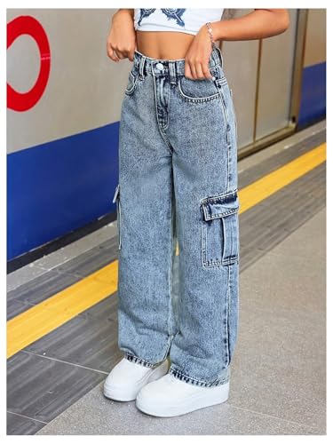 SweatyRocks Girl's Baggy Jeans Elastic High Waisted Straight Denim Pants with Pockets4