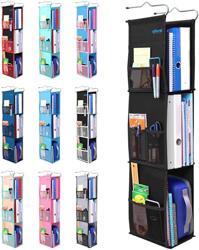 ABRA® 3 Shelf Hanging Locker Organizer for School, Work, Gym, Closet | Deep Shelves 6.5”x 9”| Eco-Friendly Fabric Healthy for Children | Adjustable School Locker Shelf from 3 to 2 Shelves (Pure Black)