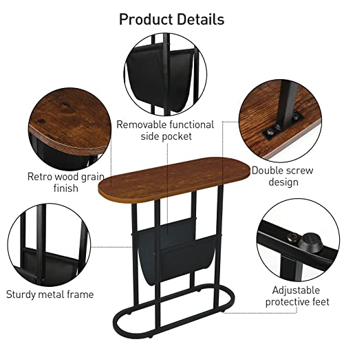 Oval Narrow Side Table With Magazine Sling Holder Pouch, Slim End Table With Metal Frame For Living Room/Bedside/Bedroom/Couch/Small Spaces, Retro Wood Grain Finish #TOP4