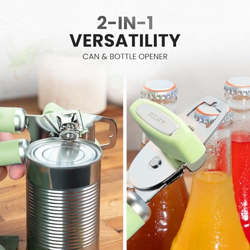 Zulay Kitchen Heavy Duty Stainless Steel Can Opener Manual with Bottle Opener - Rust Proof Manual Can Opener With Turn Knob & Comfy Soft Grip Handles - Pistachio by Zulay Kitchen - Image 6